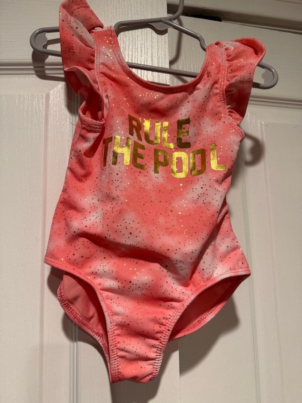 Girls Coral Pink One-Piece Swimsuit with Gold Foil Text